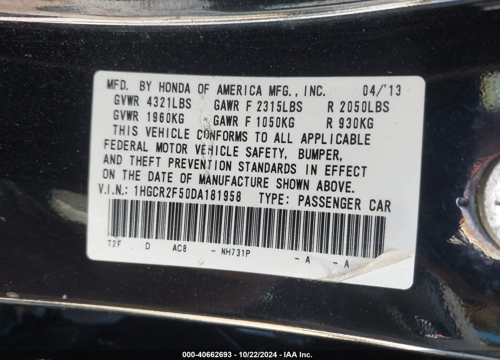 2013 HONDA ACCORD SPORT VIN: 1HGCR2F50DA181958