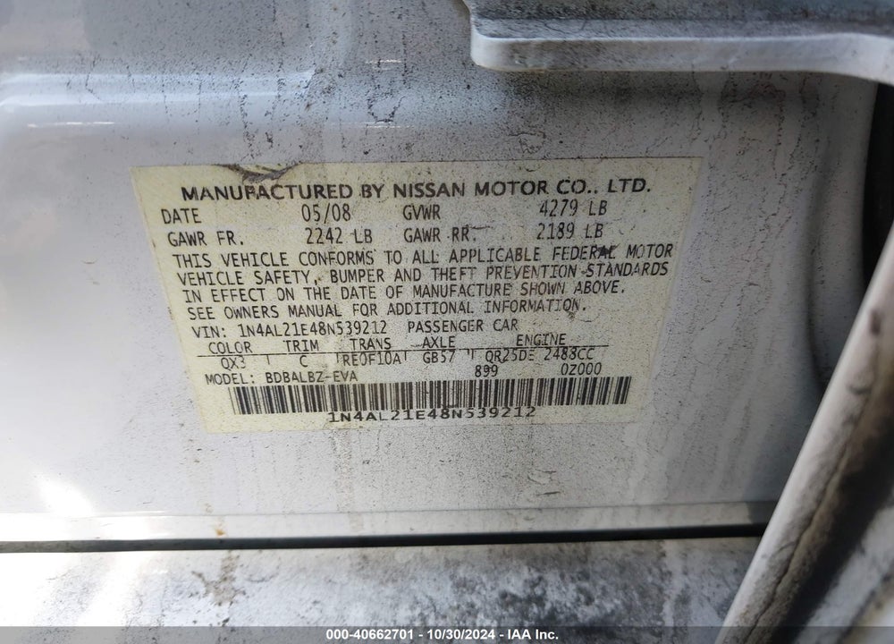 2008 NISSAN ALTIMA 2.5 S VIN: 1N4AL21E48N539212