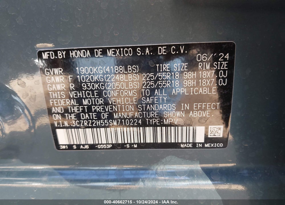 2025 HONDA HR-V AWD SPORT VIN: 3CZRZ2H55SM710224