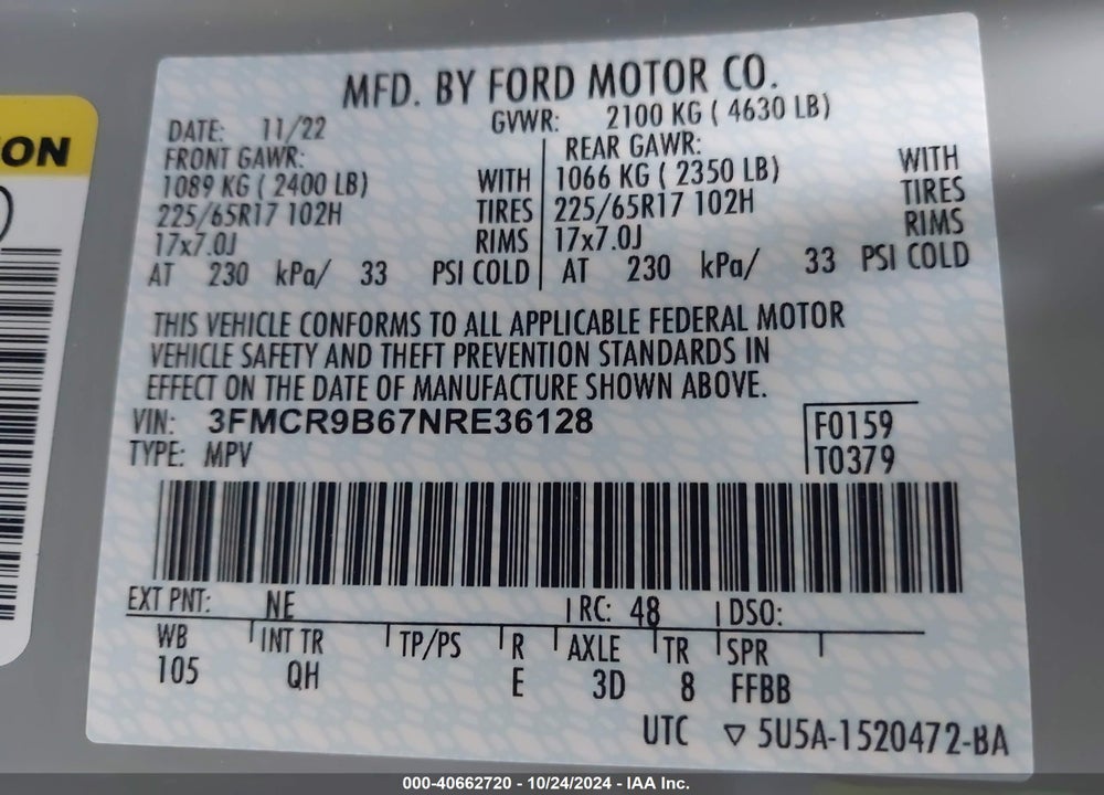 2022 FORD BRONCO SPORT BIG BEND VIN: 3FMCR9B67NRE36128