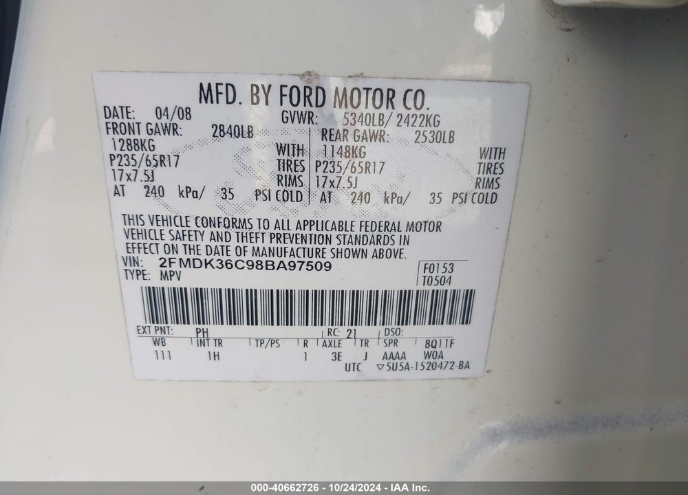 2008 FORD EDGE SE VIN: 2FMDK36C98BA97509