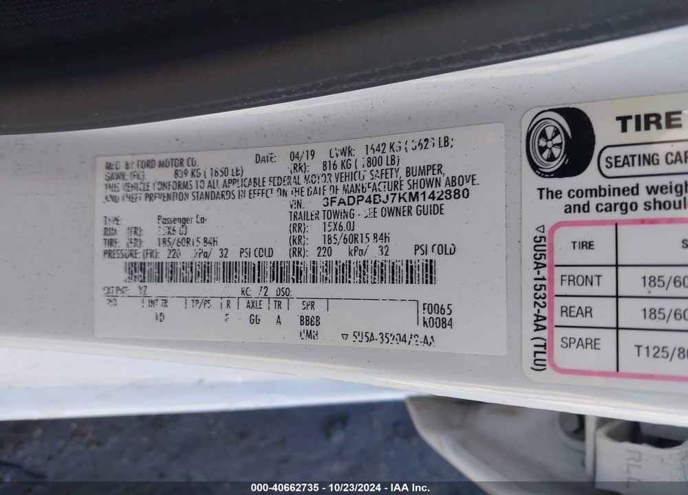 2019 FORD FIESTA SE VIN: 3FADP4BJ7KM142880