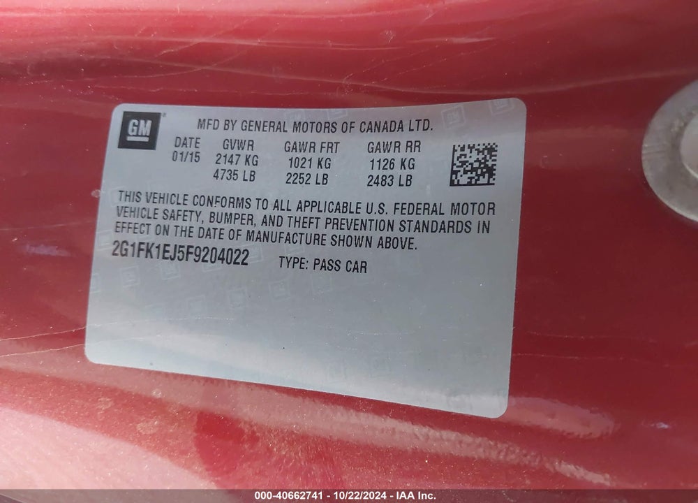 2015 CHEVROLET CAMARO VIN: 2G1FK1EJ5F9204022