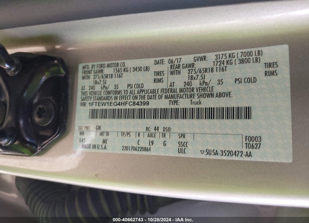 2017 FORD F-150 XLT VIN: 1FTEW1EG4HFC84399