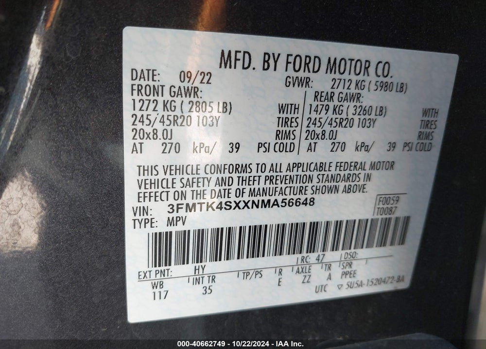 2022 FORD MUSTANG MACH-E GT VIN: 3FMTK4SXXNMA56648