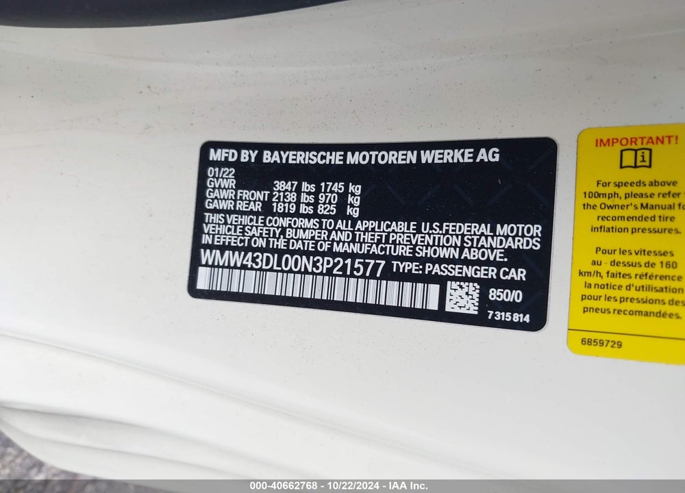 2022 MINI CONVERTIBLE COOPER S VIN: WMW43DL00N3P21577