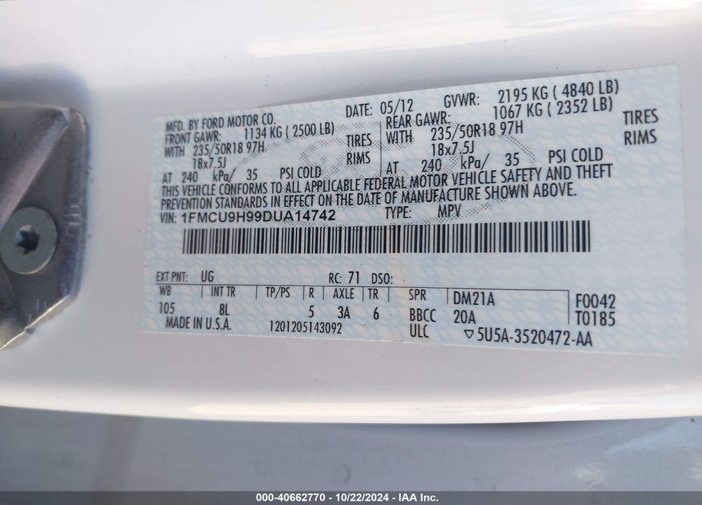 2013 FORD ESCAPE SEL VIN: 1FMCU9H99DUA14742