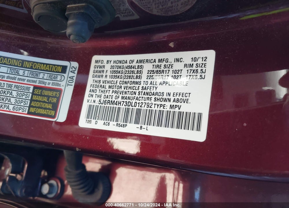 2013 HONDA CR-V EX-L VIN: 5J6RM4H73DL012792