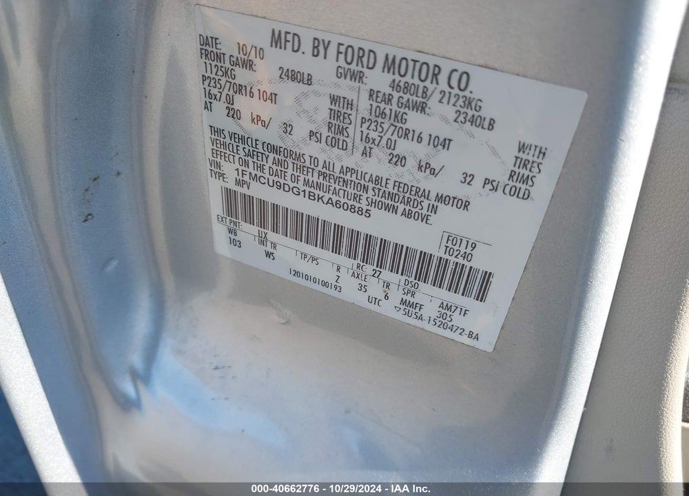 2011 FORD ESCAPE XLT VIN: 1FMCU9DG1BKA60885