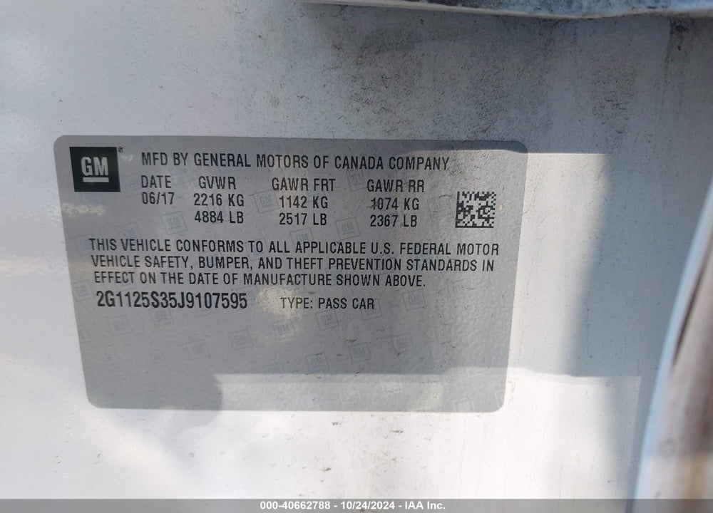 2018 CHEVROLET IMPALA 2LZ VIN: 2G1125S35J9107595