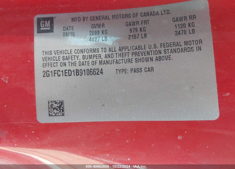 2011 CHEVROLET CAMARO 2LT VIN: 2G1FC1ED1B9106624