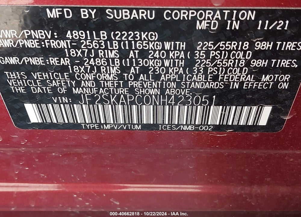 2022 SUBARU FORESTER LIMITED VIN: JF2SKAPC0NH423051