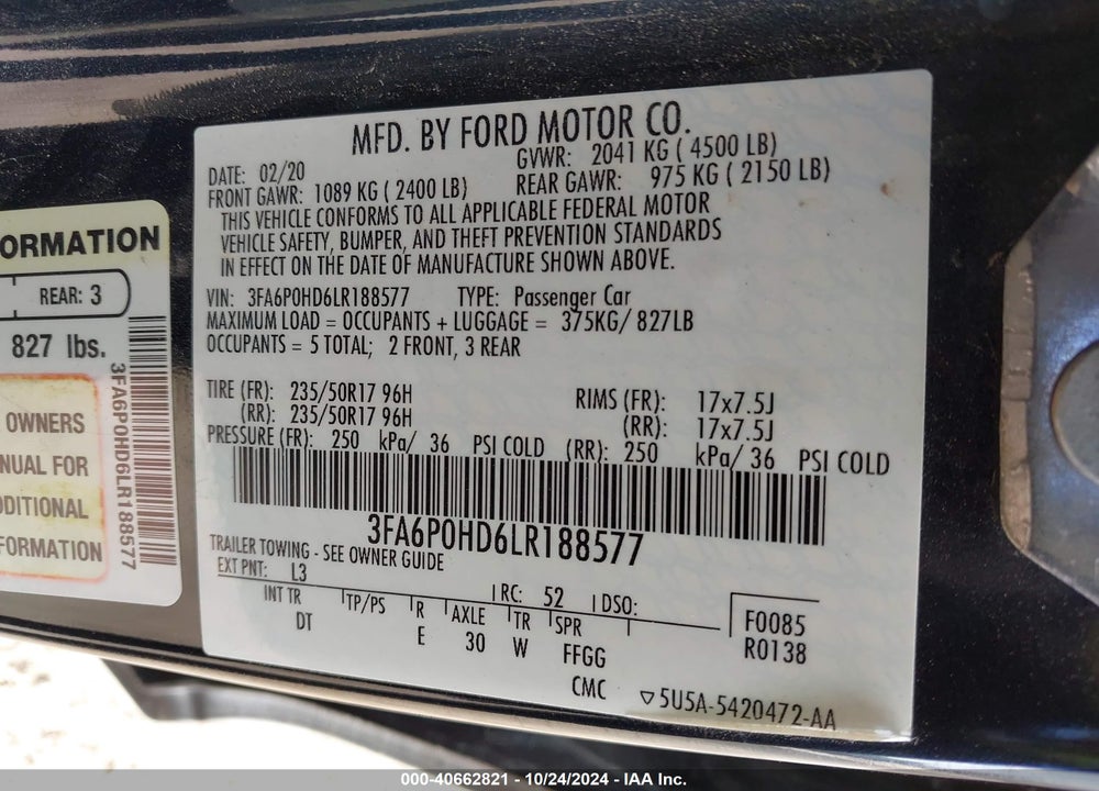 2020 FORD FUSION SE VIN: 3FA6P0HD6LR188577