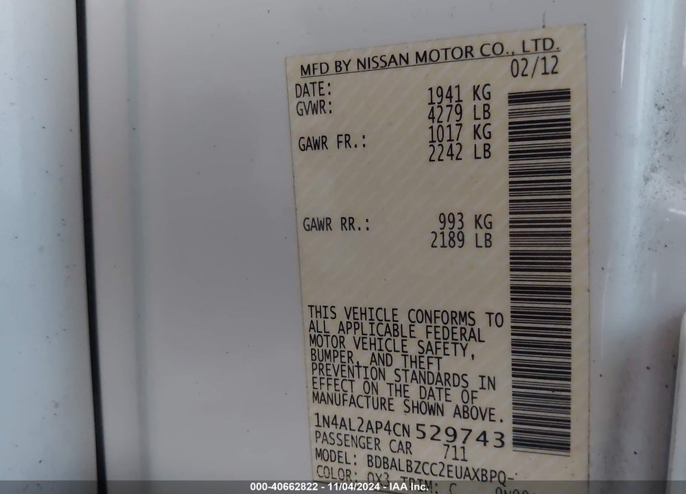 2012 NISSAN ALTIMA 2.5 S VIN: 1N4AL2AP4CN529743