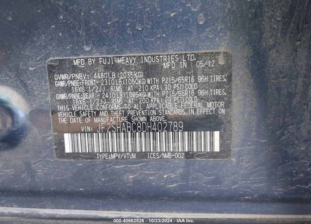 2013 SUBARU FORESTER 2.5X VIN: JF2SHABC8DH402789
