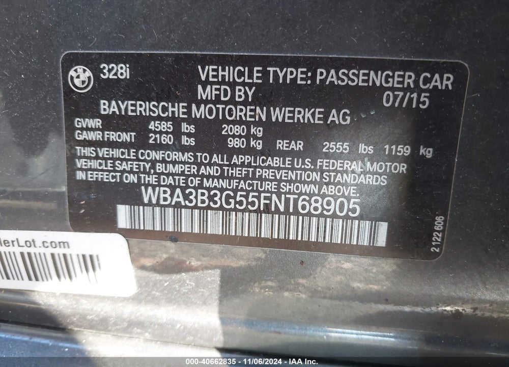 2015 BMW 328I XDRIVE VIN: WBA3B3G55FNT68905