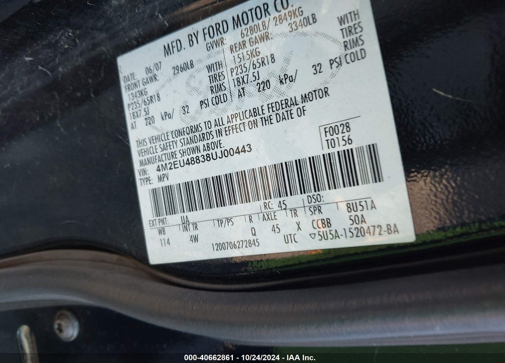 2008 MERCURY MOUNTAINEER PREMIER VIN: 4M2EU48838UJ00443