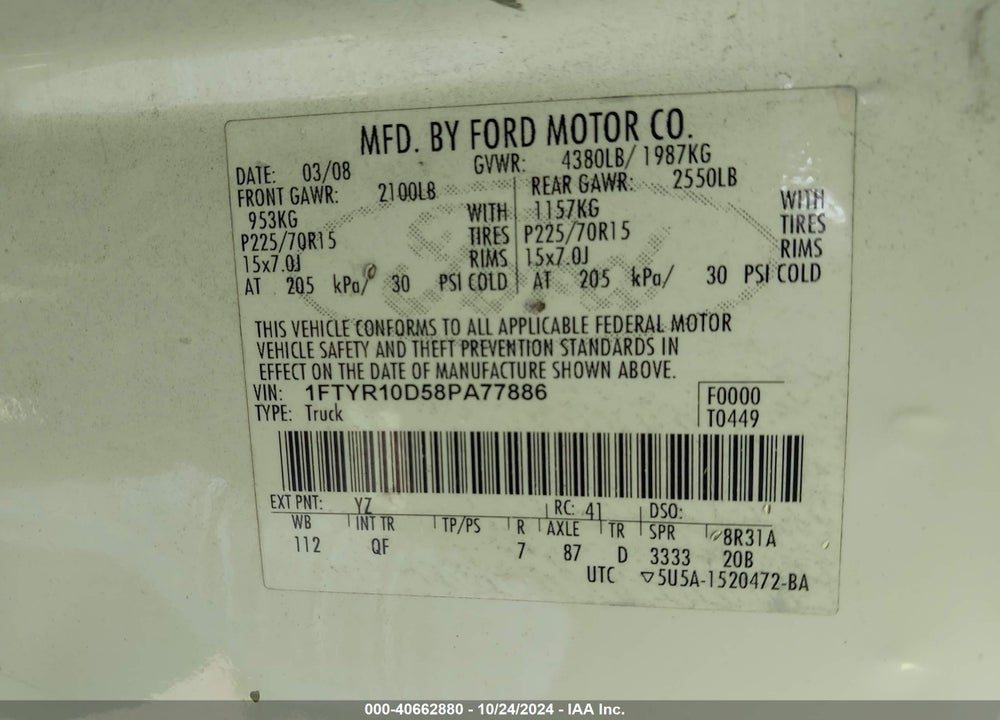 2008 FORD RANGER XL/XLT VIN: 1FTYR10D58PA77886