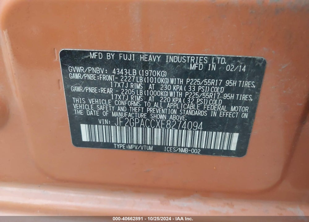 2014 SUBARU XV CROSSTREK 2.0I PREMIUM VIN: JF2GPACCXE8274094
