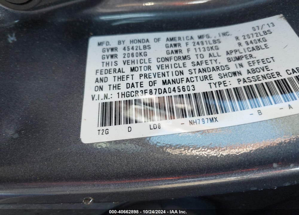 2013 HONDA ACCORD VIN: 1HGCR3F87DA045603