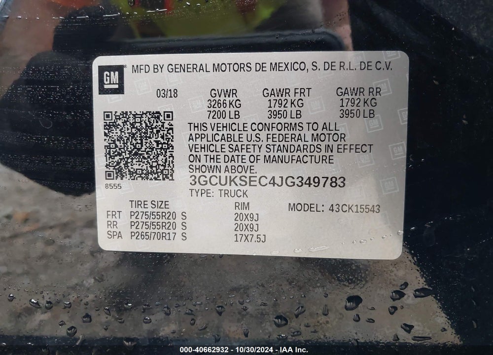 2018 CHEVROLET SILVERADO 1500 1LZ VIN: 3GCUKSEC4JG349783