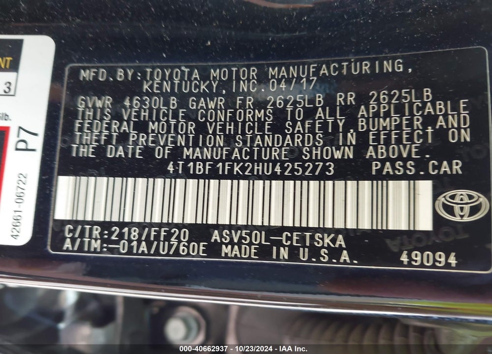 2017 TOYOTA CAMRY SE VIN: 4T1BF1FK2HU425273