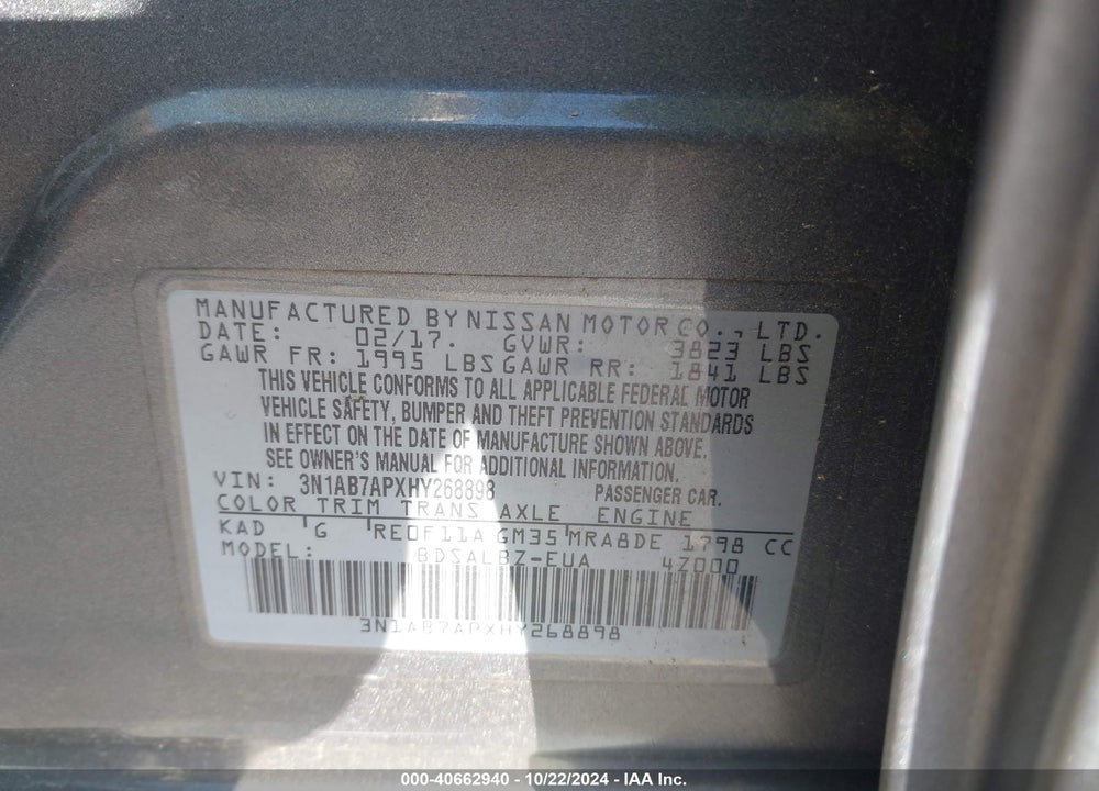 2017 NISSAN SENTRA VIN: 3N1AB7APXHY268898