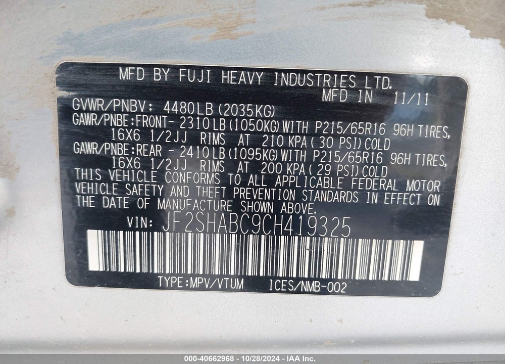 2012 SUBARU FORESTER 2.5X VIN: JF2SHABC9CH419325