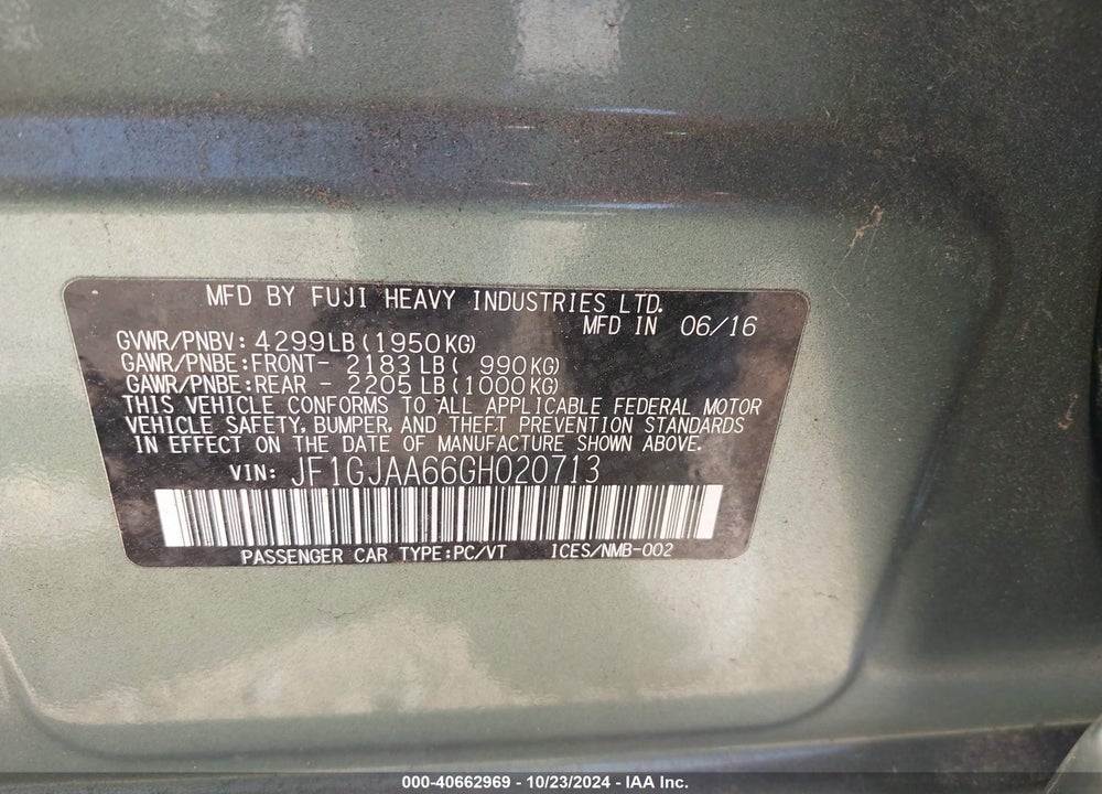 2016 SUBARU IMPREZA 2.0I VIN: JF1GJAA66GH020713