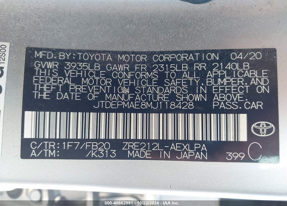 2021 TOYOTA COROLLA LE VIN: JTDEPMAE8MJ118428