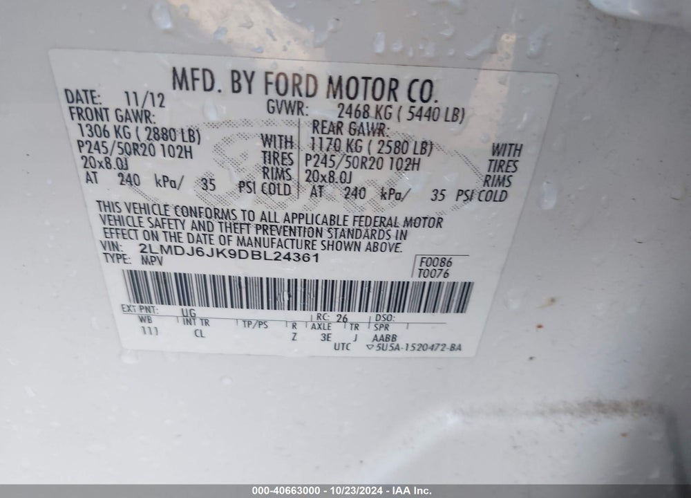 2013 LINCOLN MKX VIN: 2LMDJ6JK9DBL24361