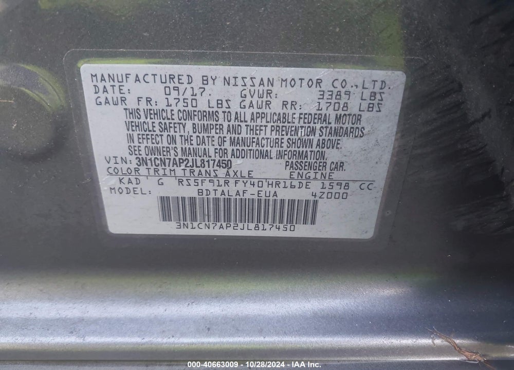 2018 NISSAN VERSA VIN: 3N1CN7AP2JL817450