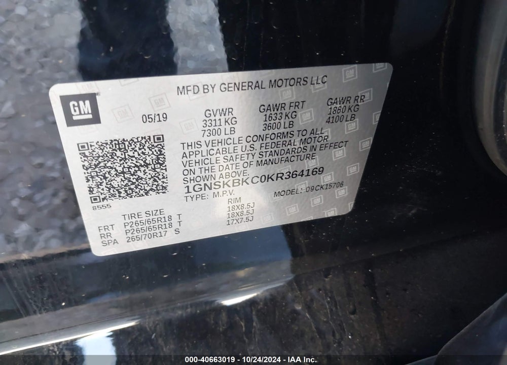 2019 CHEVROLET TAHOE LT VIN: 1GNSKBKC0KR364169