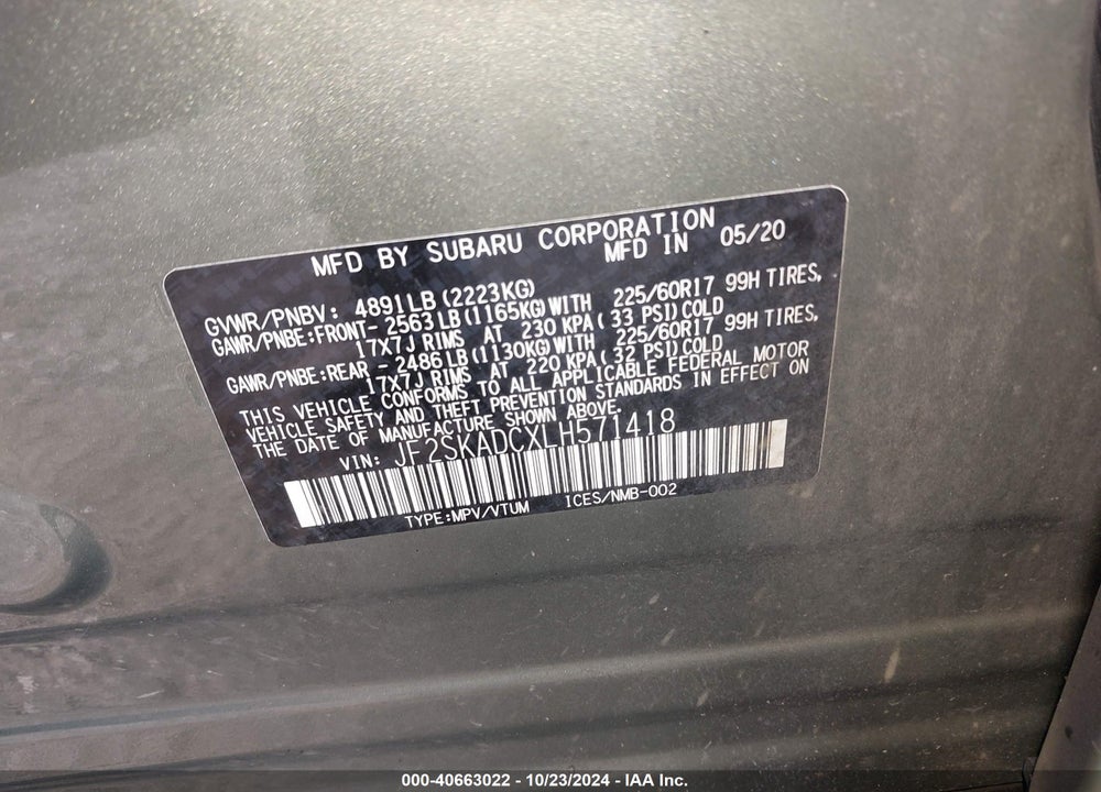 2020 SUBARU FORESTER VIN: JF2SKADCXLH571418