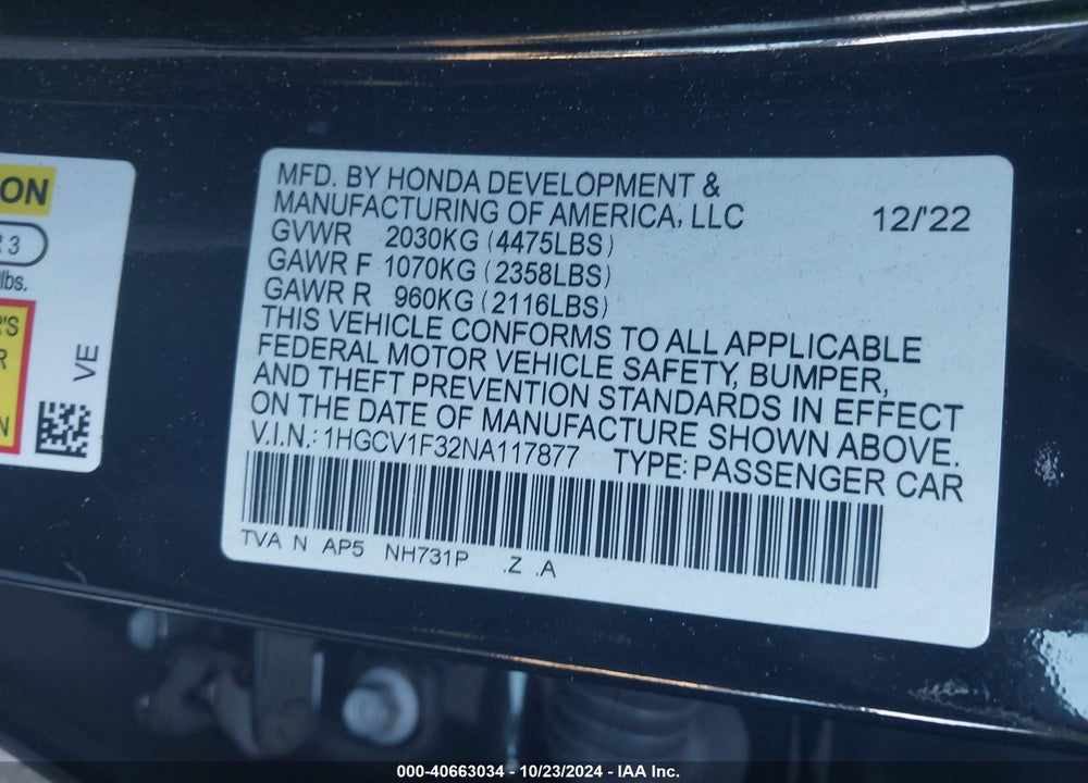 2022 HONDA ACCORD SPORT VIN: 1HGCV1F32NA117877