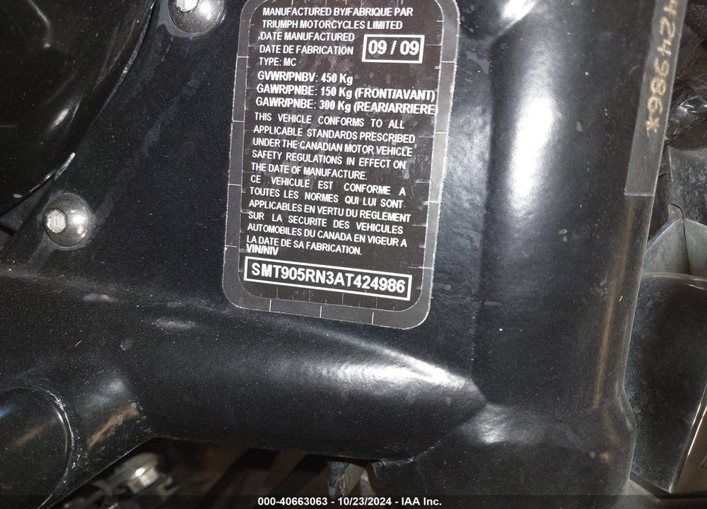 2010 TRIUMPH MOTORCYCLE AMERICA VIN: SMT905RN3AT424986