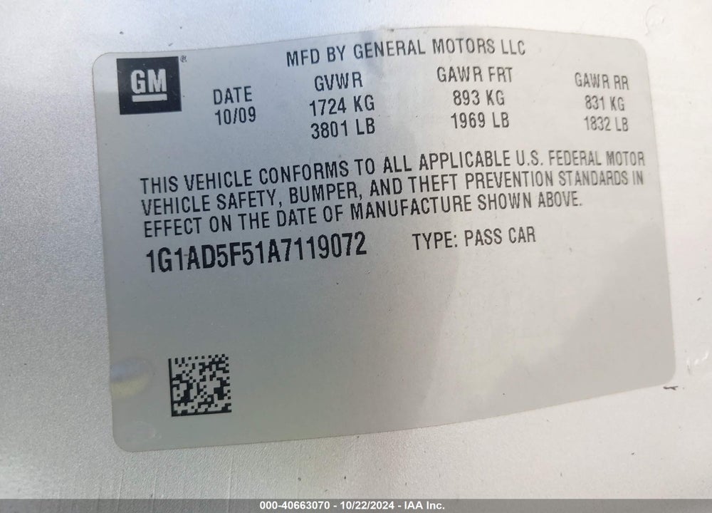 2010 CHEVROLET COBALT LT VIN: 1G1AD5F51A7119072