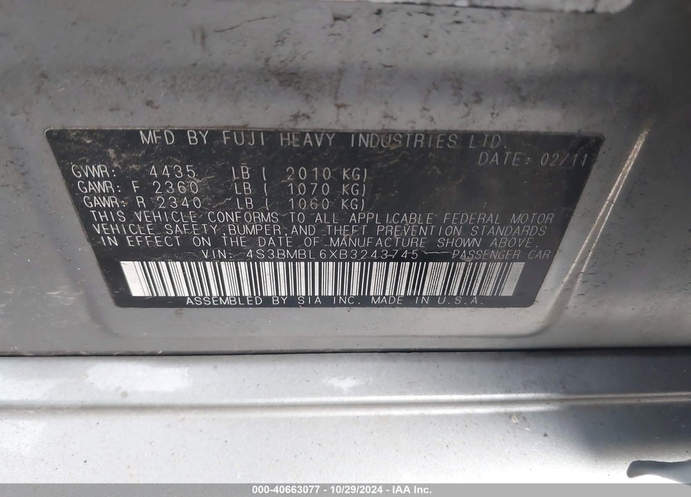 2011 SUBARU LEGACY VIN: 4S3BMBL6XB3243745