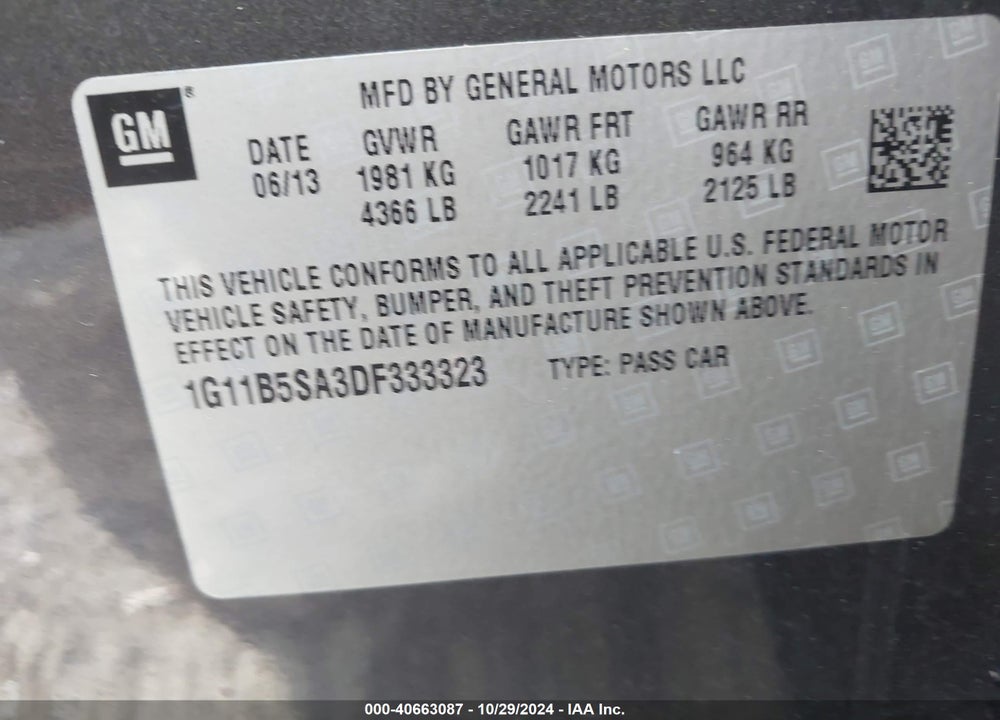 2013 CHEVROLET MALIBU 1LS VIN: 1G11B5SA3DF333323