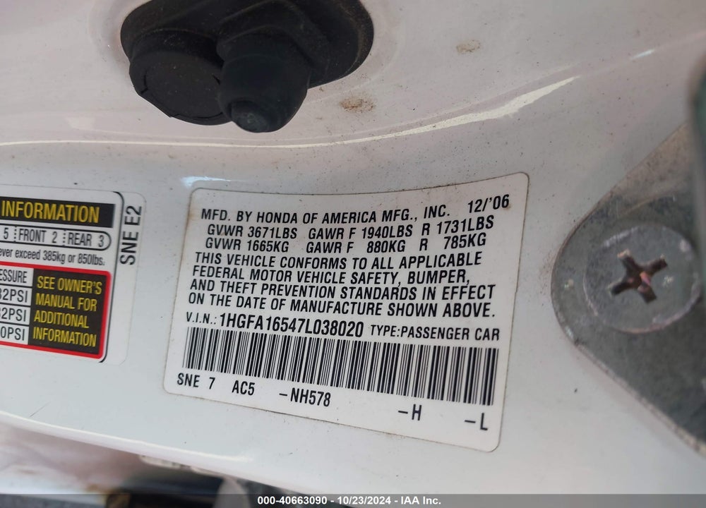 2007 HONDA CIVIC LX VIN: 1HGFA16547L038020