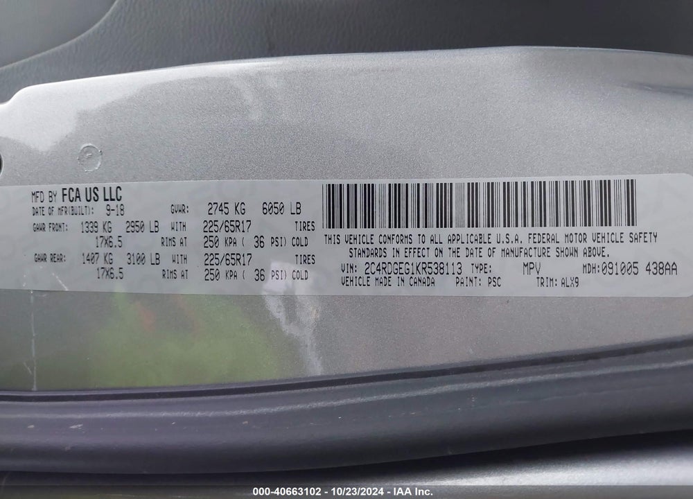 2019 DODGE GRAND CARAVAN GT VIN: 2C4RDGEG1KR538113