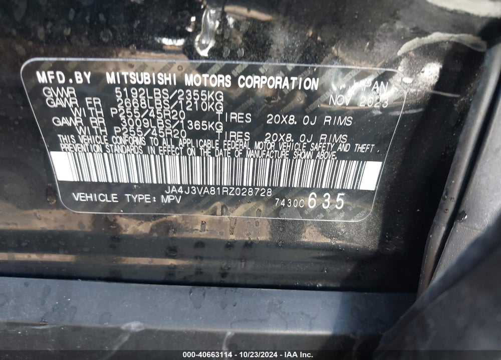 2024 MITSUBISHI OUTLANDER SE 2.5 2WD/SE BLACK EDITION S-AWC/SE BLACK EDITION W/PANO ROOF VIN: JA4J3VA81RZ028728