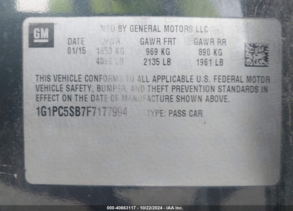 2015 CHEVROLET CRUZE 1LT AUTO VIN: 1G1PC5SB7F7177994