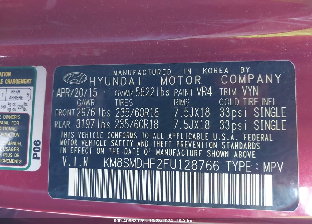 2015 HYUNDAI SANTA FE GLS VIN: KM8SMDHF2FU128766