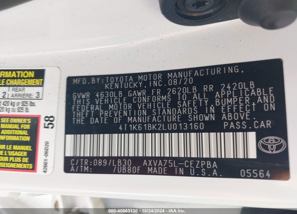 2020 TOYOTA CAMRY XSE AWD VIN: 4T1K61BK2LU013160