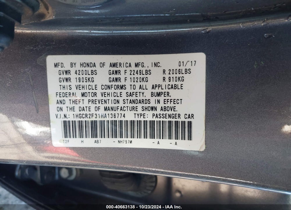 2017 HONDA ACCORD LX VIN: 1HGCR2F31HA136774