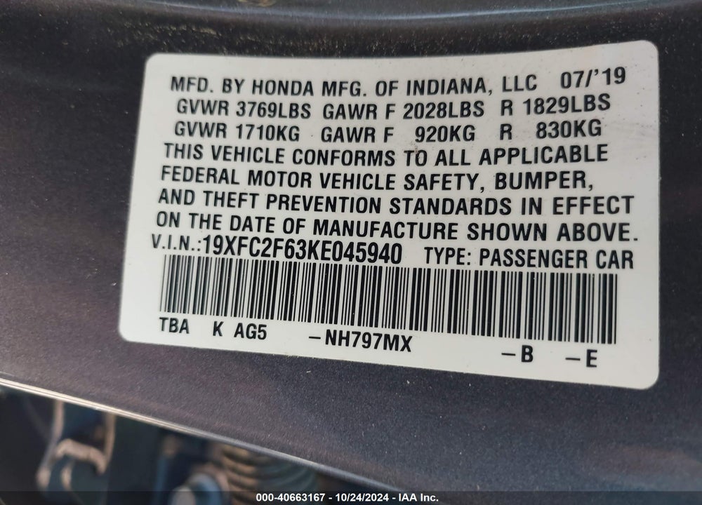 2019 HONDA CIVIC LX VIN: 19XFC2F63KE045940