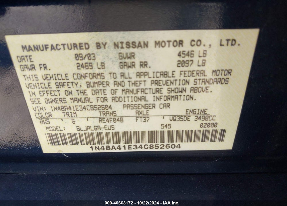 2004 NISSAN MAXIMA 3.5 SL VIN: 1N4BA41E34C852604
