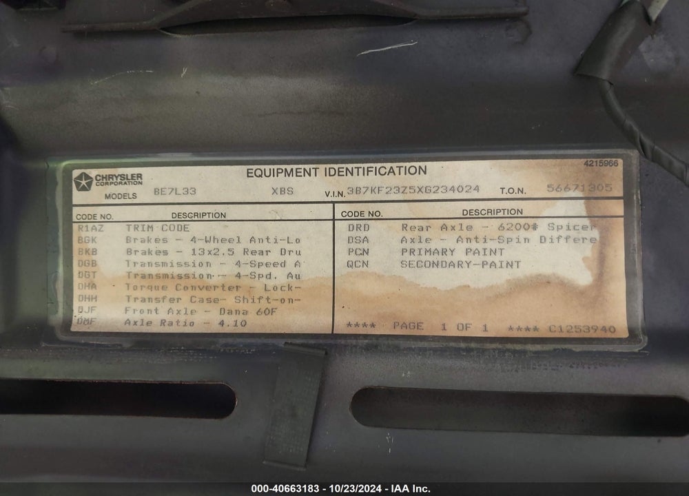 1999 DODGE RAM 2500 ST VIN: 3B7KF23Z5XG234024