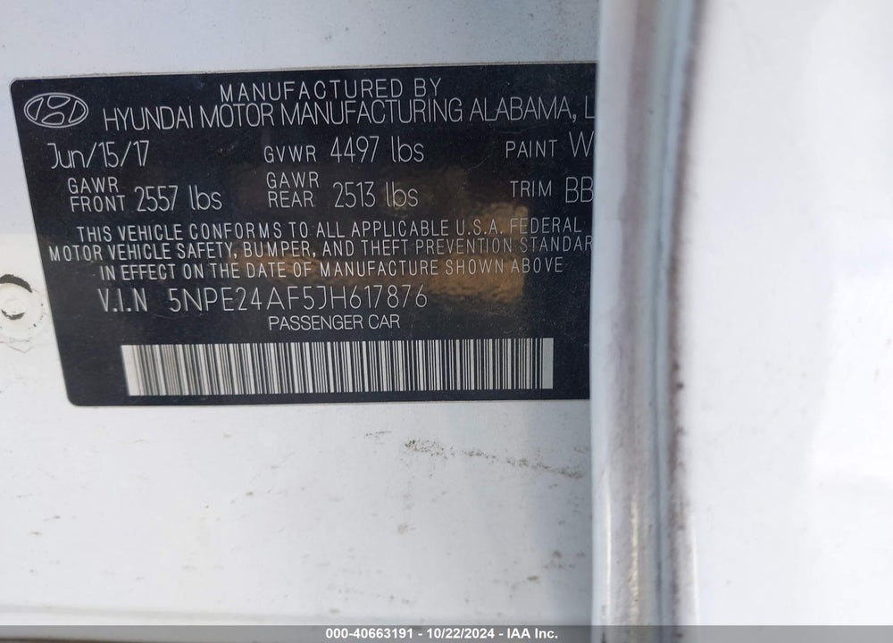 2018 HYUNDAI SONATA SE VIN: 5NPE24AF5JH617876